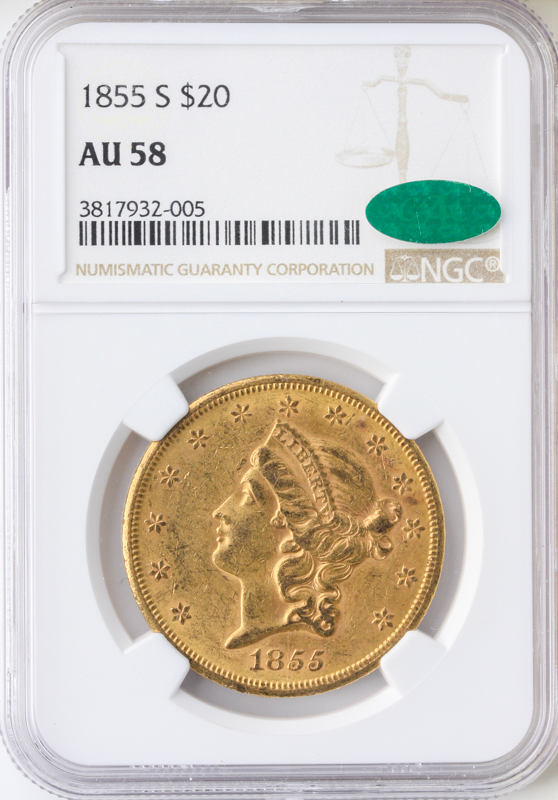 1855-S $20 Liberty NGC AU58 CAC