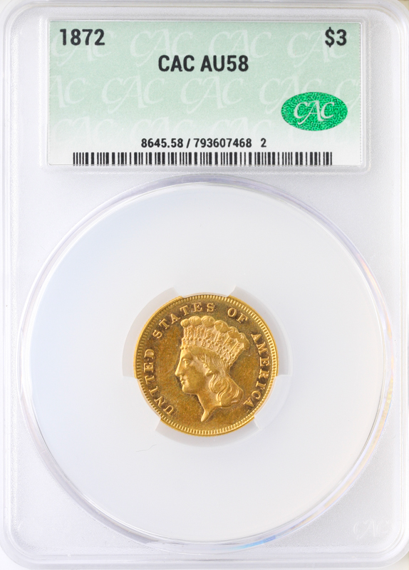 1872 $3 Indian Princess CACG AU58 1872 $3 Indian Princess CACG AU58
