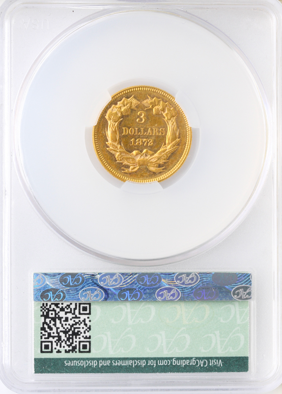 1872 $3 Indian Princess CACG AU58 1872 $3 Indian Princess CACG AU58