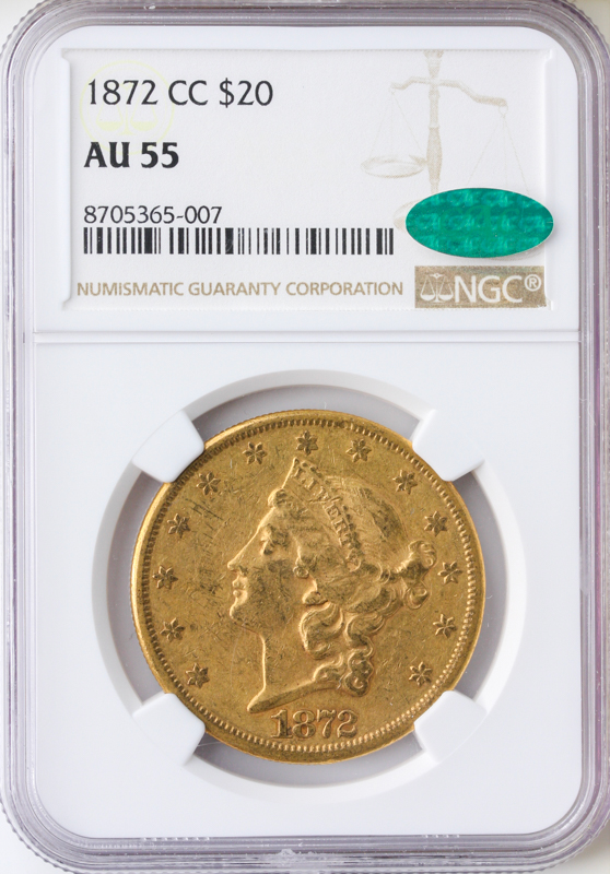 1872-CC $20 Liberty NGC AU55 CAC 1872-CC $20 Liberty NGC AU55 CAC