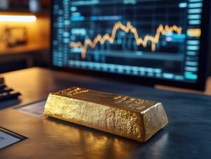 Gold bar with financial market data illustrating gold and economic uncertainty
