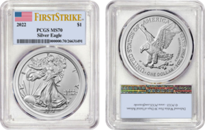 Both sides of a PCGS slab containing a 2022 American Silver Eagle MS-70 showing the First Strike label on the obverse holder and the reverse of the coin with the text "Delivered Within First 30 Days of Initial Release" visible on the back of the holder