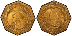 Both sides of the 1915-S Panama-Pacific Exposition octagonal $50 gold piece showing Athena's helmeted portrait with MCMXV date on the obverse and an owl perched on a pine branch on the reverse, with eight-sided border visible on both faces.