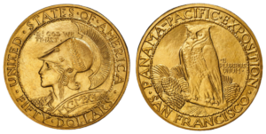Both sides of the 1915-S Panama-Pacific Exposition round $50 gold piece showing Athena's helmeted portrait with MCMXV date and FIFTY DOLLARS inscription on the obverse and an owl perched on a pine branch with pinecones on the reverse.