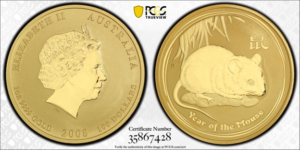 Obverse and reverse of a 2008 1 oz .9999 gold Perth Mint Lunar Series II Year of the Mouse coin graded by PCGS, showing the Ian Rank-Broadley effigy of Queen Elizabeth II and a detailed mouse design beneath bamboo leaves with the Chinese character for mouse