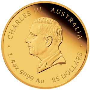 Obverse of a 1/4 oz .9999 fine gold Perth Mint Lunar Series III coin showing the Dan Thorne effigy of King Charles III with 25 dollar face value, introduced from 2023 onward following the death of Queen Elizabeth II