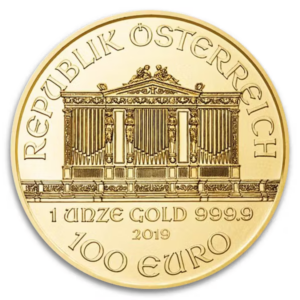 Obverse of the 2019 1 oz Austrian Gold Philharmonic showing the Musikverein pipe organ with Republik Österreich inscription, 999.9 purity and €100 face value.