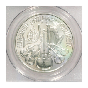Reverse of the 1 oz Austrian Silver Philharmonic showing the Wiener Philharmoniker inscription with cello, violins, Vienna horn, harp and bassoon arrangement in .999 fine silver.
