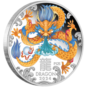 Reverse of the 2024 Perth Mint Lunar Series III Year of the Dragon colored silver proof coin featuring a detailed gold and blue dragon with stylised waves, the Chinese character for dragon, the P125 anniversary mintmark and DRAGON 2024 inscription