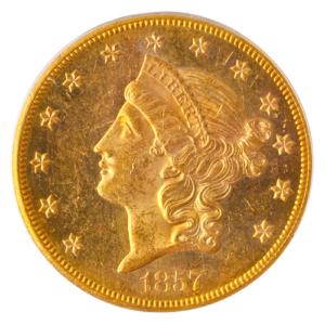 1857-S $20 Liberty SSCA PCGS MS61 CAC PROOF LIKE