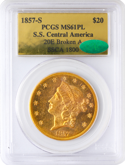 1857-S $20 Liberty SSCA PCGS MS61 CAC PROOF LIKE 1857-S $20 Liberty SSCA PCGS MS61 CAC PROOF LIKE