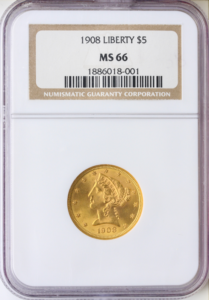 1908 $5 Liberty Head Half Eagle NGC MS66