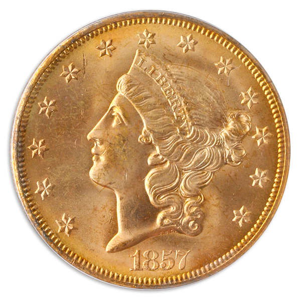 1857-S $20 Liberty Head Double Eagle SSCA PCGS MS65 1857-S $20 Liberty Head Double Eagle SSCA PCGS MS65