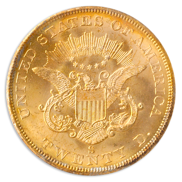 1857-S $20 Liberty Head Double Eagle SSCA PCGS MS65 1857-S $20 Liberty Head Double Eagle SSCA PCGS MS65