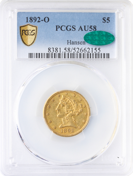 1892-O $5 Liberty PCGS AU58 CAC