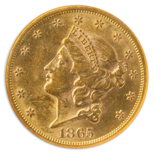 1865 $20 Liberty NGC AU58