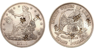 Obverse and reverse of an 1875-CC Trade dollar with chopmarks.