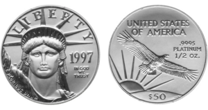 Both sides of a 1997 American Platinum Eagle half ounce coin showing the Statue of Liberty portrait on the obverse and a bald eagle in flight over a sunrise on the reverse with .9995 platinum purity marking.