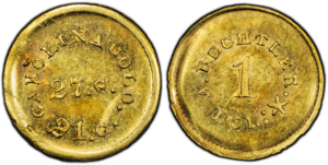 Obverse and reverse of a Bechtler dollar gold coin showing Carolina Gold 27 grains 21 carats inscription and A. Bechtler one dollar reverse.