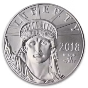 Obverse of a 2018 American Platinum Eagle coin featuring the Statue of Liberty and “In God We Trust” inscription