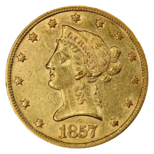 1857 $10 Liberty Eagle gold coin, jewelry grade.