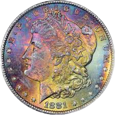 1881 Morgan silver dollar with natural rainbow toning.