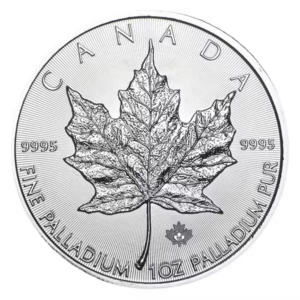 Reverse of a 1 oz Canadian Palladium Maple Leaf coin showing maple leaf design and .9995 fine palladium inscription